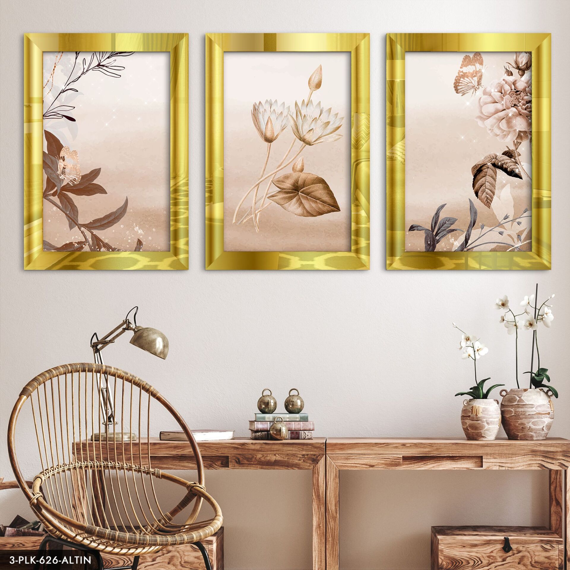 Çiçek Yaprak Kelebek 3 Parça Pleksi Aynalı Tablo 50 x 70 CM - Gold