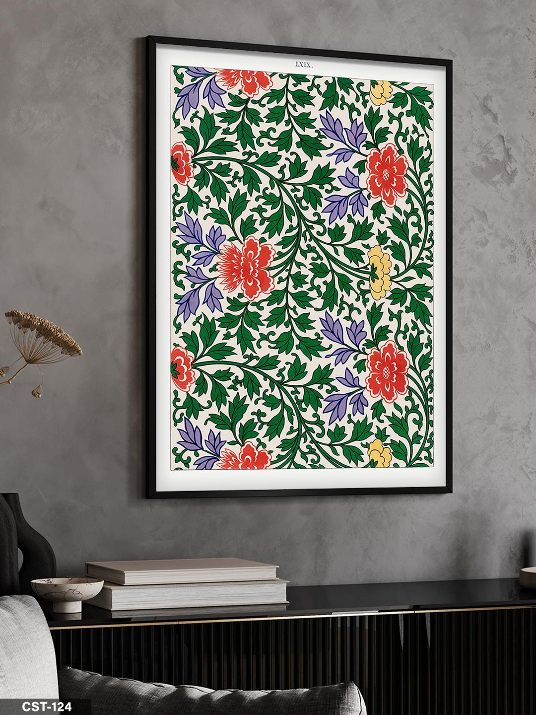 Renkli Çiçek Saksı illüstrasyon Tek Parça Ahşap Çerçeveli Tablo Siyah - 50 x 70 CM
