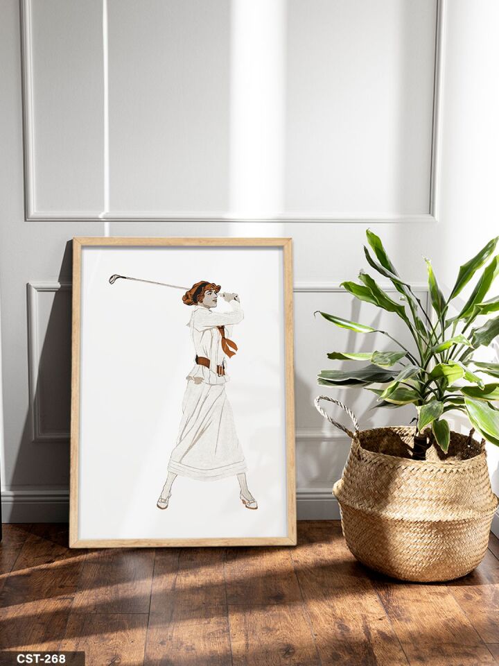 Golfçü Kadın Tek Parça Ahşap Çerçeveli Tablo Naturel - 20 x 30 CM