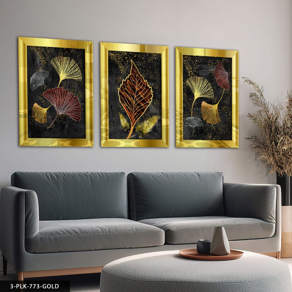 Işıltılı Renkli Yapraklar 3 Parça Pleksi Aynalı Tablo 50 x 70 CM - Gold