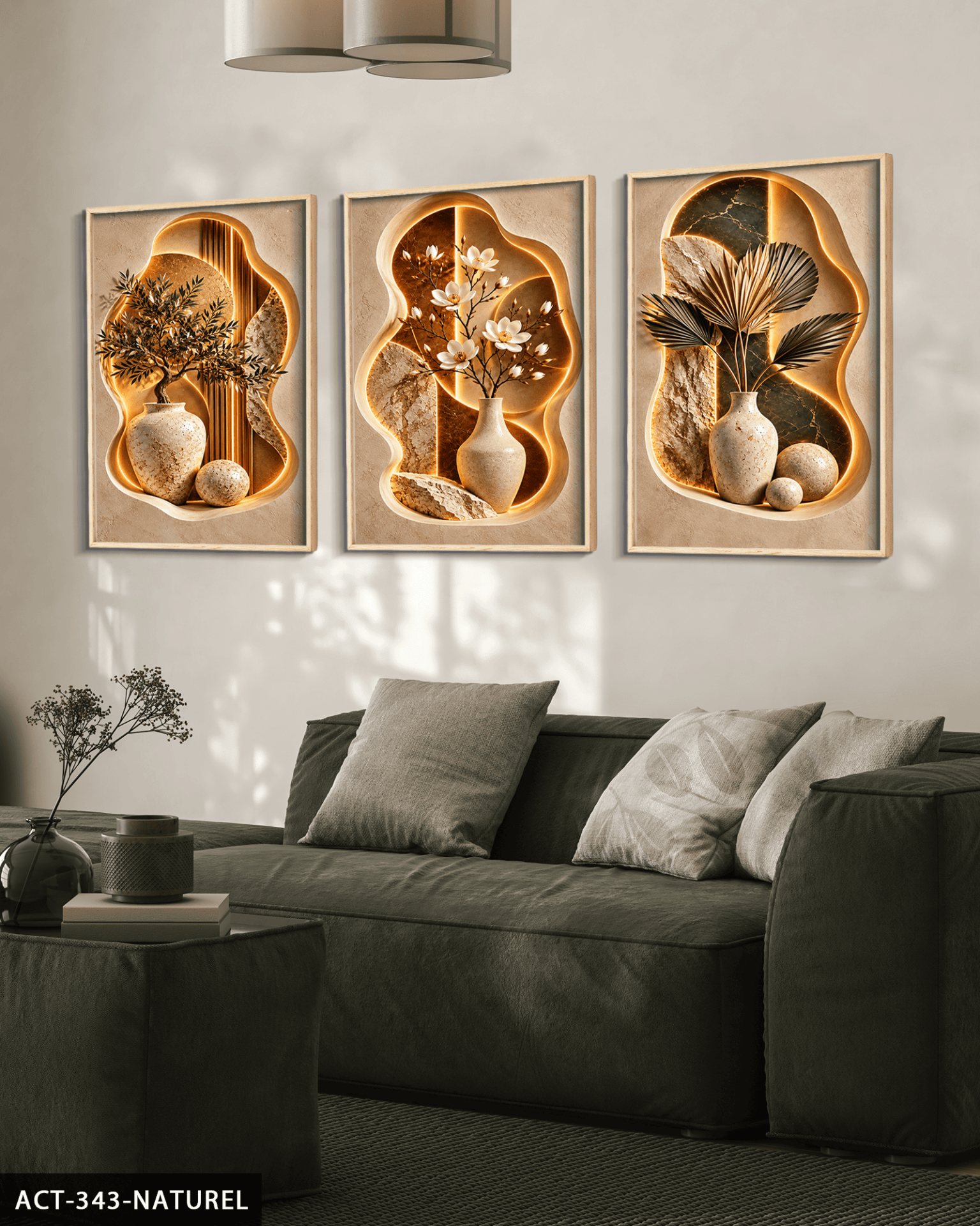 Vazoda Bitki ve Çiçekler 3 Parça Ahşap Çerçeveli Tablo ACT Naturel - 30 x 40 CM