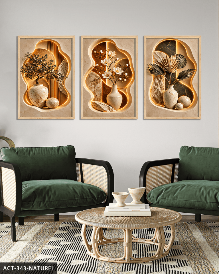 Vazoda Bitki ve Çiçekler 3 Parça Ahşap Çerçeveli Tablo ACT Naturel - 30 x 40 CM