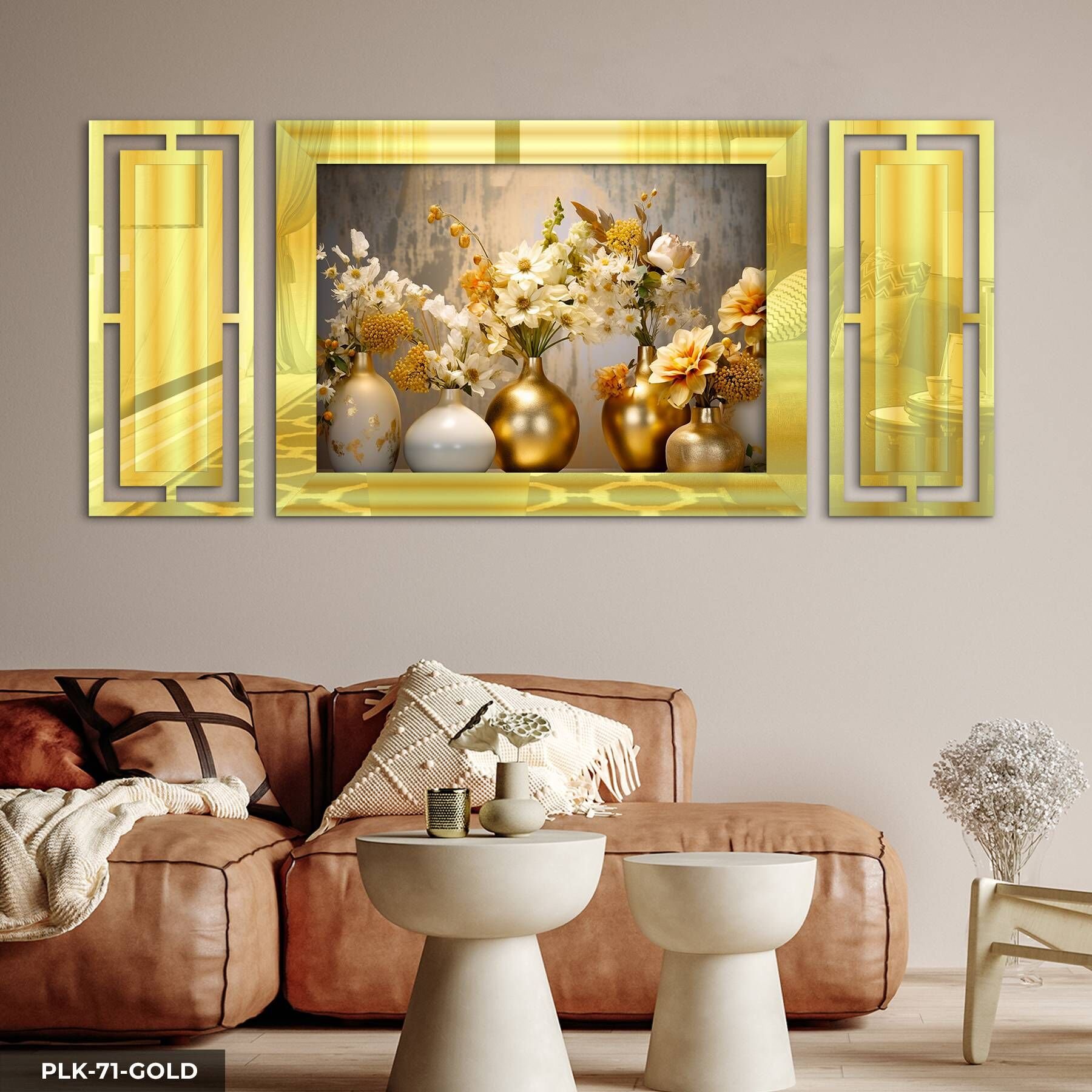 Gold Vazoda Çiçekler Yan Dekorlu 3 Parça Pleksi Tablo DKRPLK 130 x 25 CM - Gold