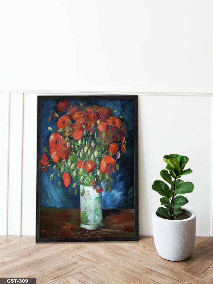 Vincent Van Gogh Vazoda Gelincikler Tek Parça Ahşap Çerçeveli Tablo Siyah - 30 x 40 CM