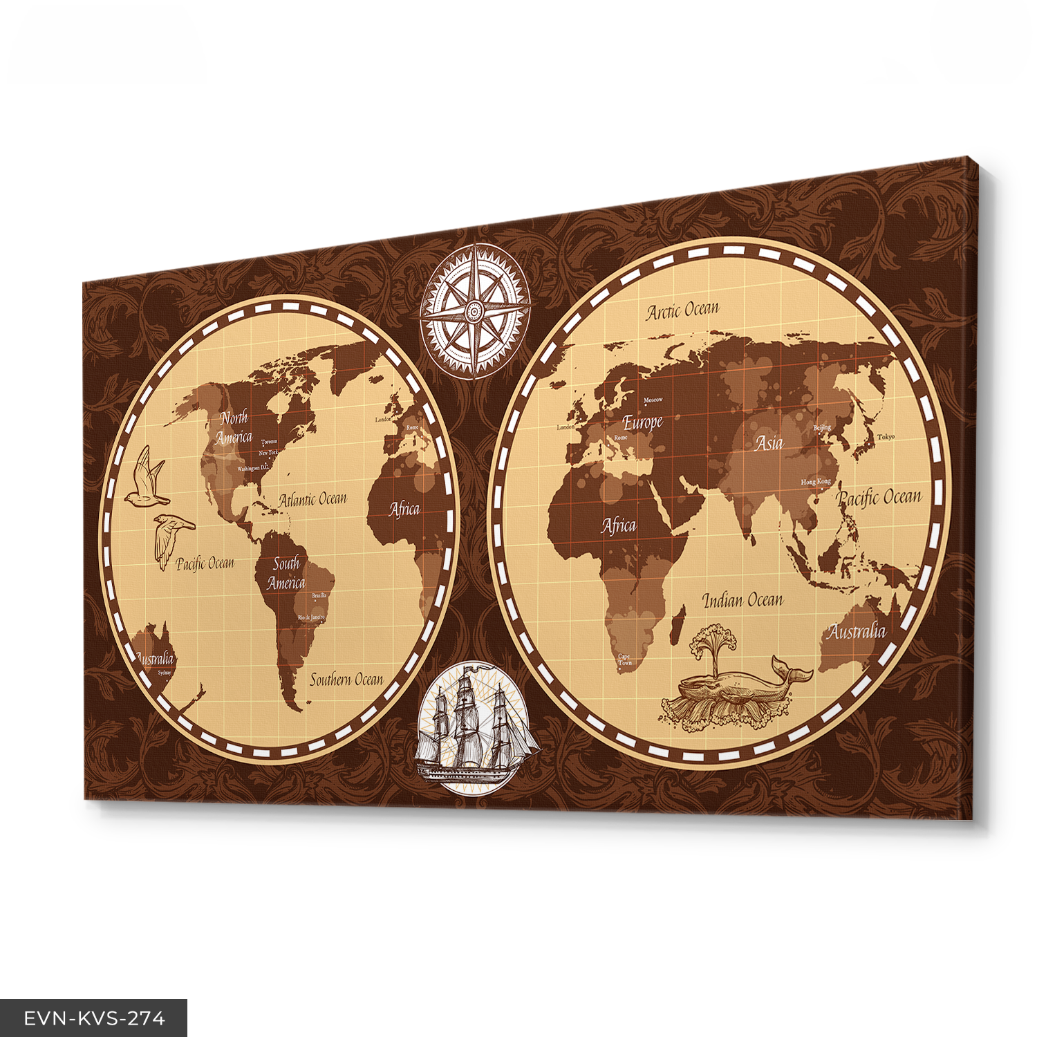 Dünya Haritası Tek Parça Kanvas Canvas Tablo 40 x 30 CM - Çok Renkli