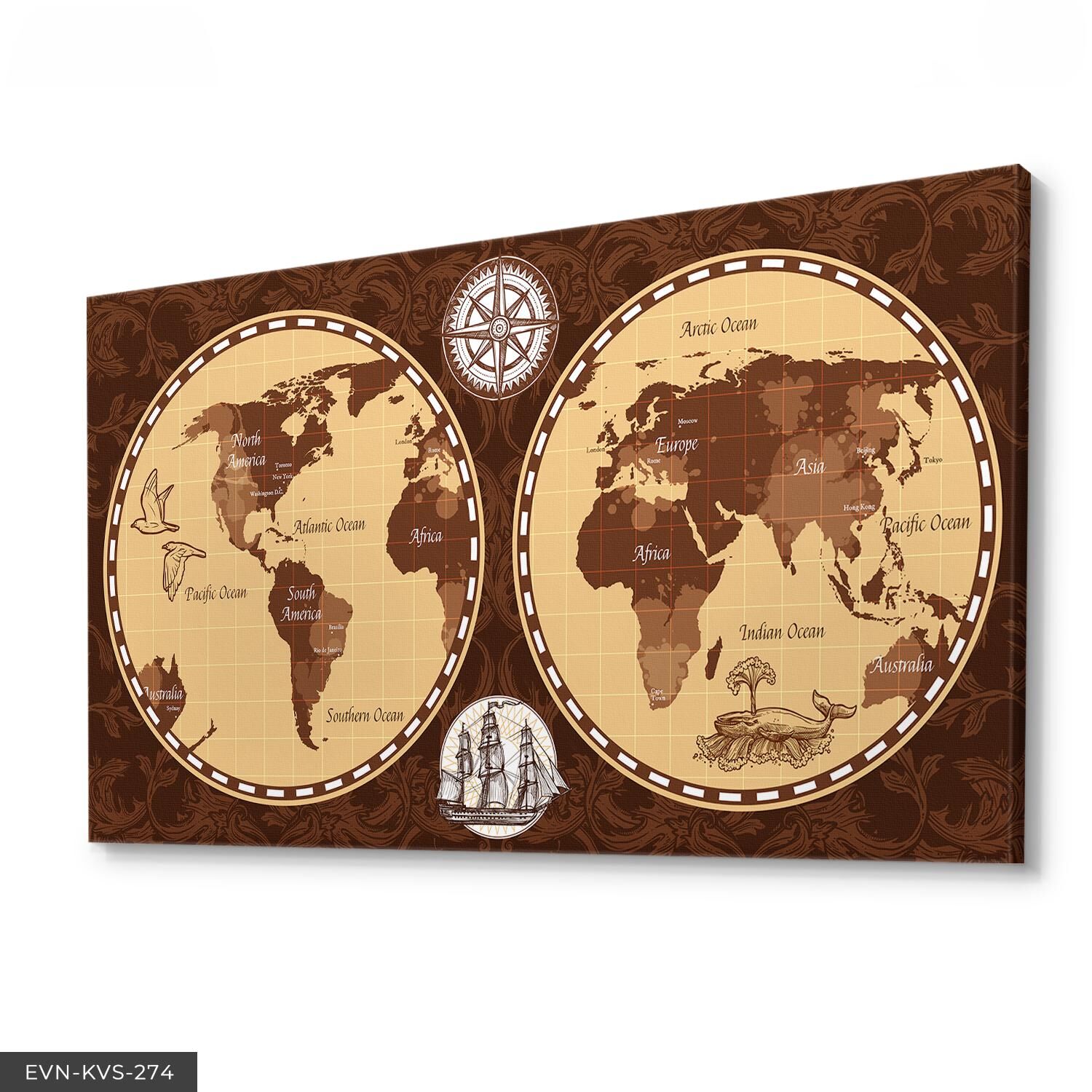 Dünya Haritası Tek Parça Kanvas Canvas Tablo 40 x 30 CM - Çok Renkli