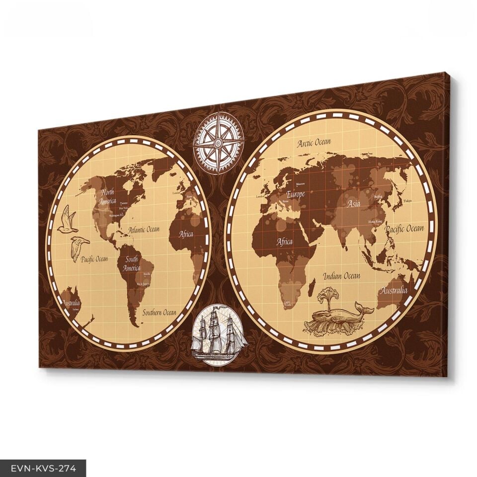 Dünya Haritası Tek Parça Kanvas Canvas Tablo 140 x 90 CM - Çok Renkli