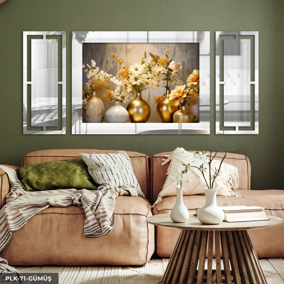 Gold Vazoda Çiçekler Yan Dekorlu 3 Parça Pleksi Tablo DKRPLK 130 x 25 CM - Gümüş