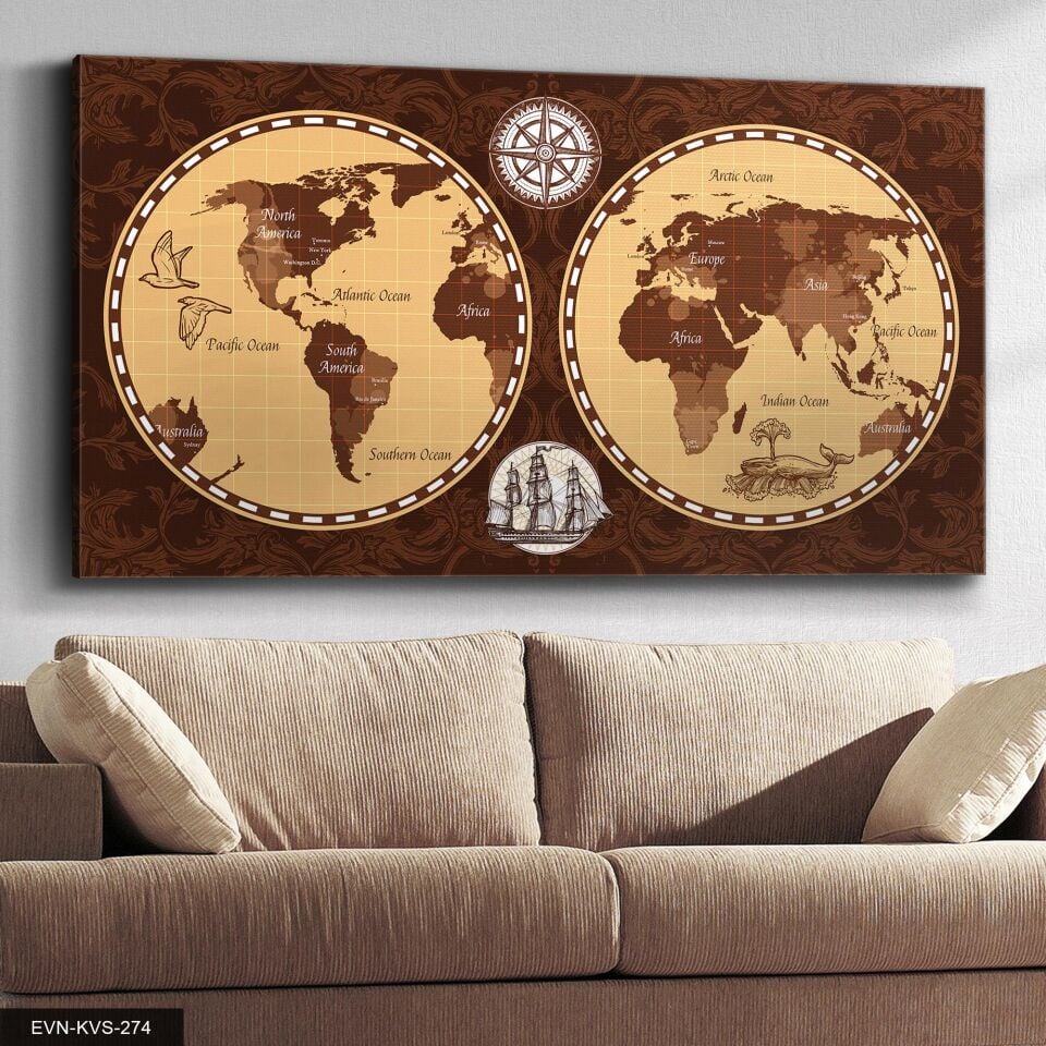 Dünya Haritası Tek Parça Kanvas Canvas Tablo 40 x 30 CM - Çok Renkli