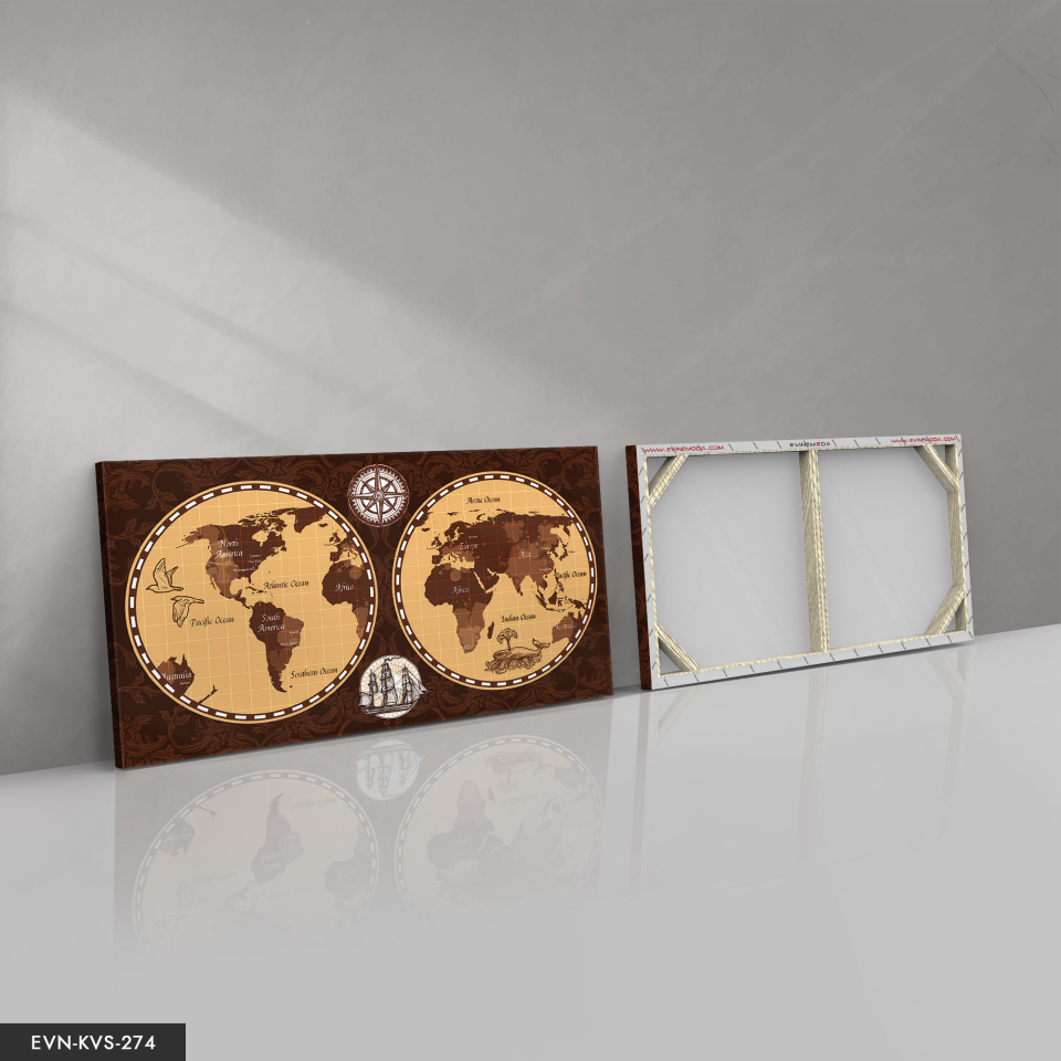 Dünya Haritası Tek Parça Kanvas Canvas Tablo 40 x 30 CM - Çok Renkli