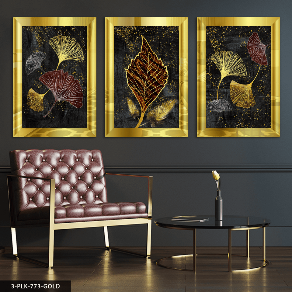 Işıltılı Renkli Yapraklar 3 Parça Pleksi Aynalı Tablo Gold - 60 x 80 CM