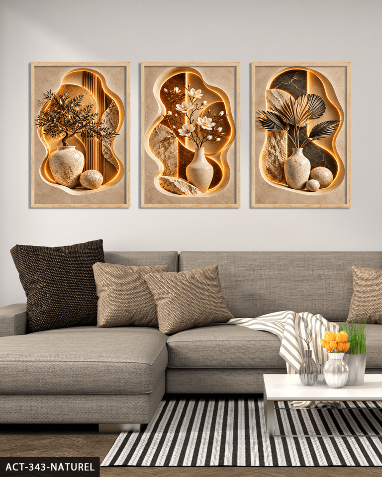 Vazoda Bitki ve Çiçekler 3 Parça Ahşap Çerçeveli Tablo ACT Naturel - 50 x 70 CM