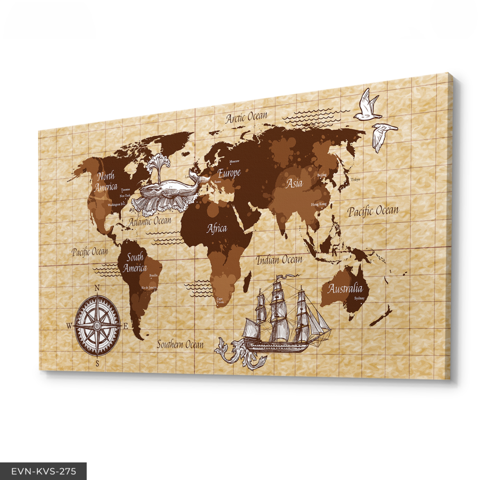 Dünya Haritası Tek Parça Kanvas Canvas Tablo 40 x 30 CM - Çok Renkli