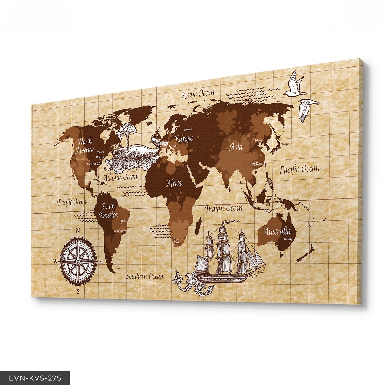 Dünya Haritası Tek Parça Kanvas Canvas Tablo 40 x 30 CM - Çok Renkli