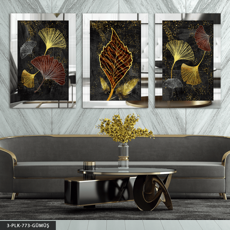 Işıltılı Renkli Yapraklar 3 Parça Pleksi Aynalı Tablo Gümüş - 20 x 30 CM