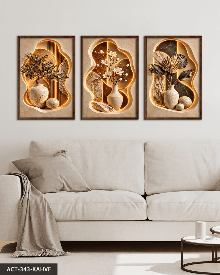 Vazoda Bitki ve Çiçekler 3 Parça Ahşap Çerçeveli Tablo ACT Kahverengi - 30 x 40 CM