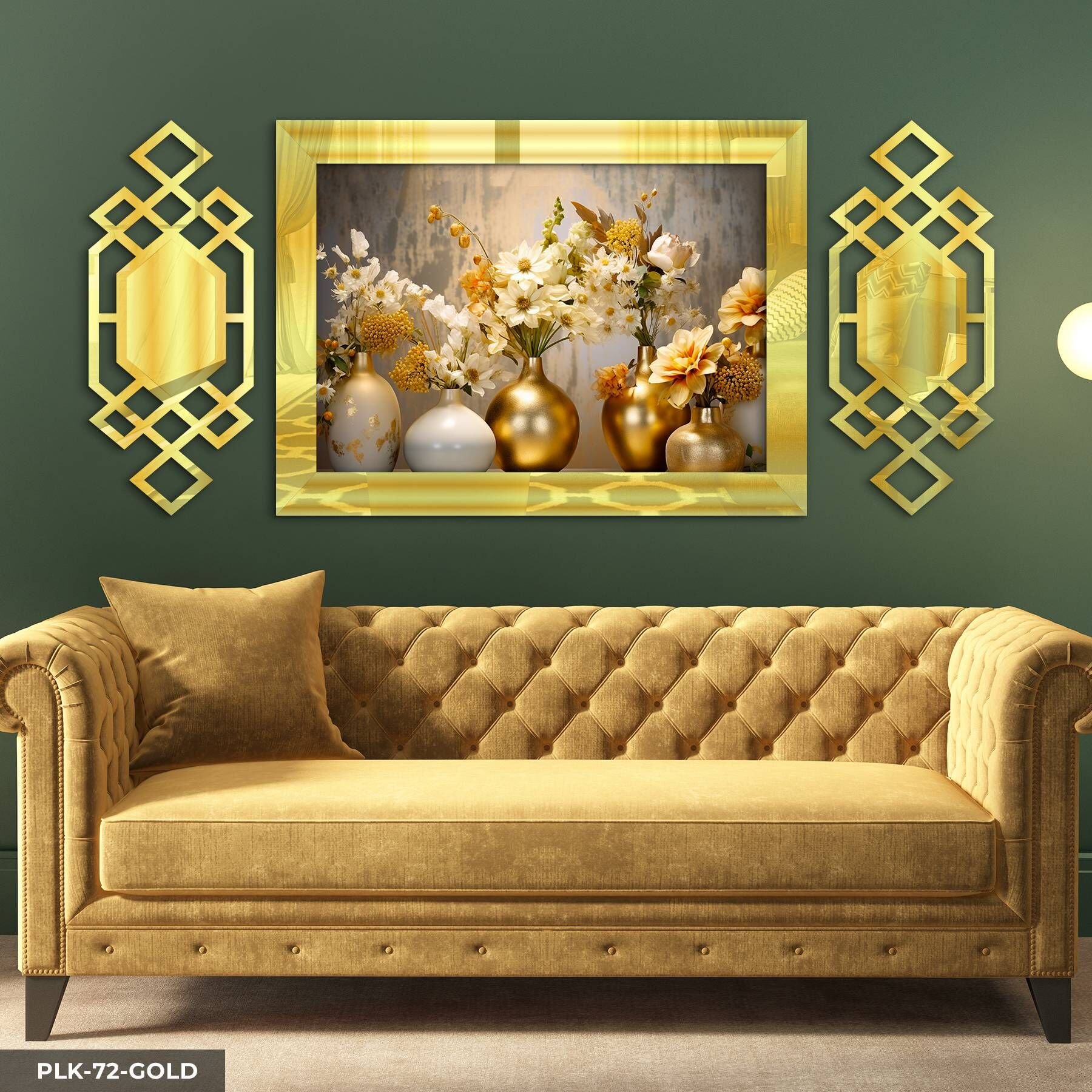 Gold Vazoda Çiçekler Yan Dekorlu 3 Parça Pleksi Tablo DKRPLK 130 x 25 CM - Gold