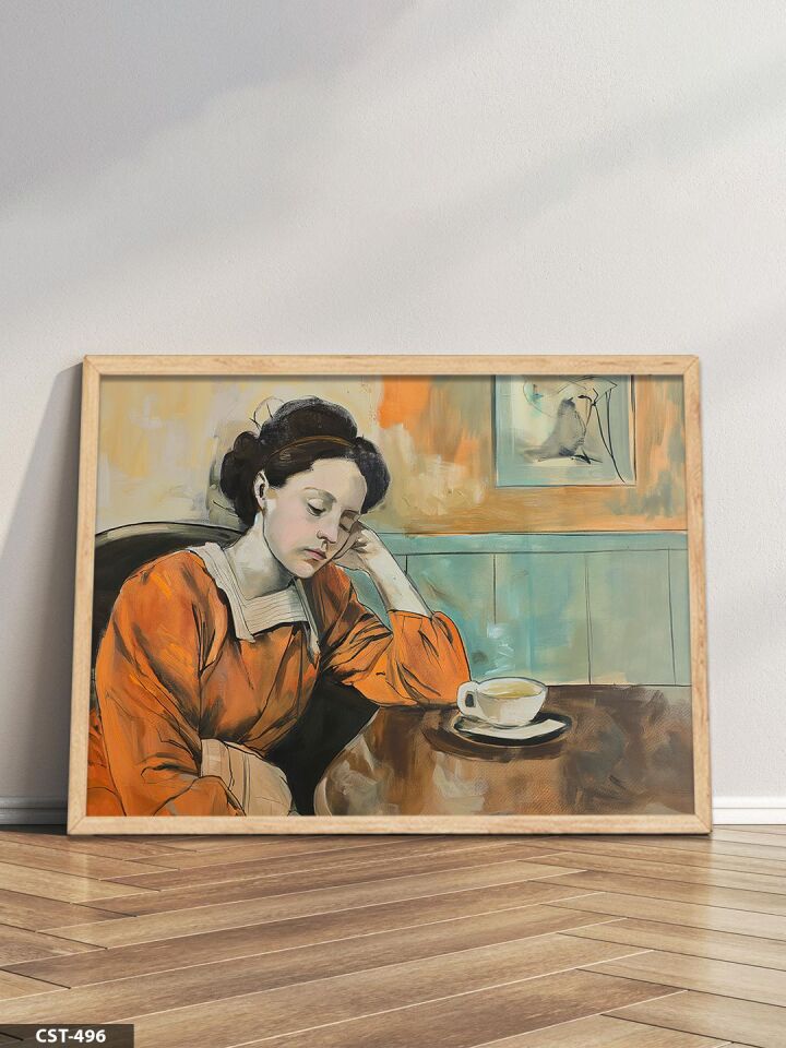 Düşünen Kadın Tek Parça Ahşap Çerçeveli Tablo Naturel - 50 x 70 CM