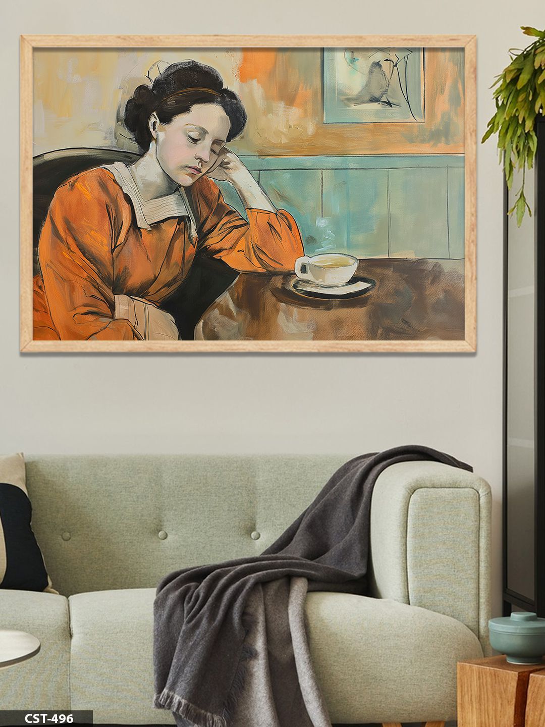 Düşünen Kadın Tek Parça Ahşap Çerçeveli Tablo Naturel - 50 x 70 CM