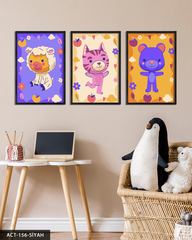 Hayvan Temalı Çocuk Odası 3 Parça Ahşap Çerçeveli Tablo ACT