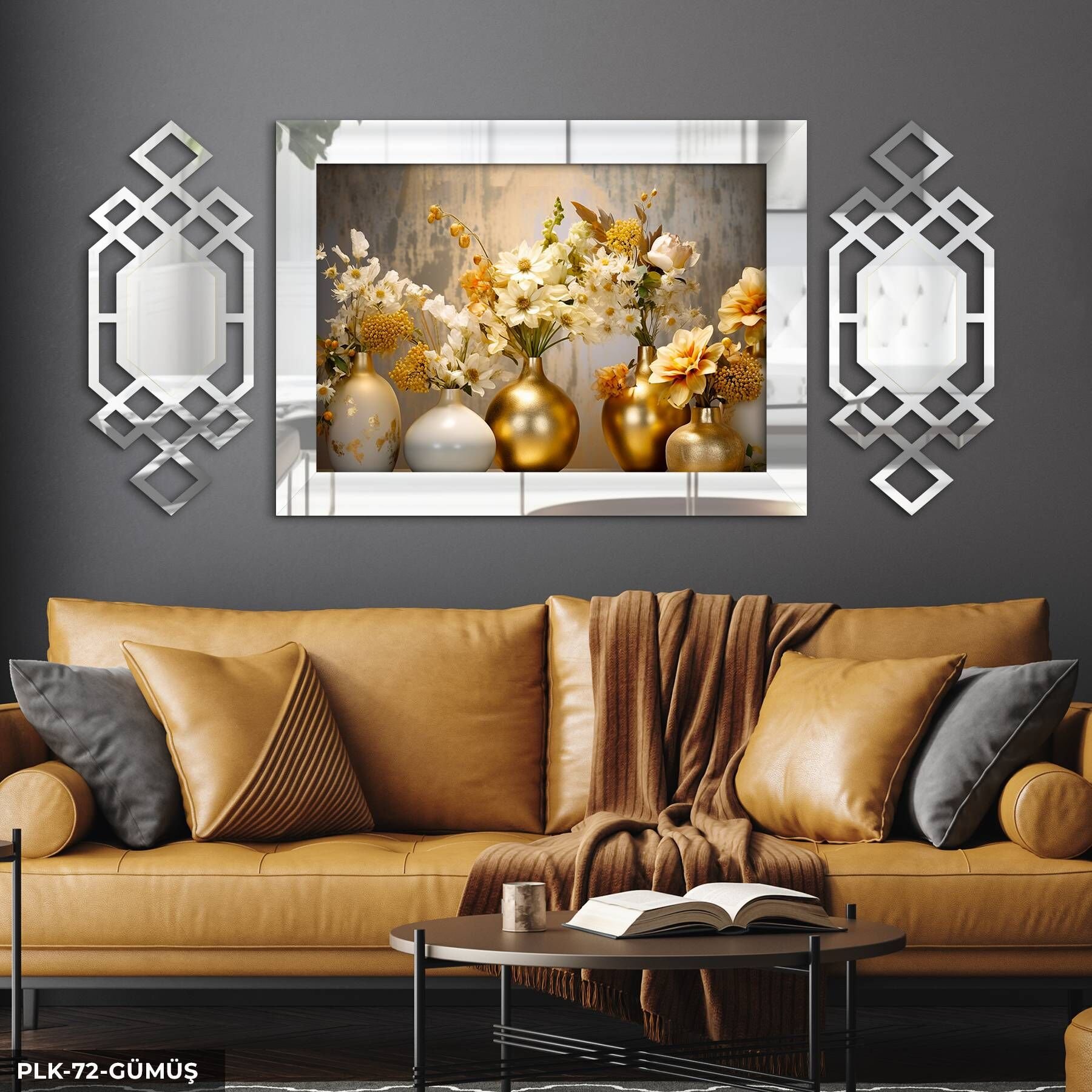 Gold Vazoda Çiçekler Yan Dekorlu 3 Parça Pleksi Tablo DKRPLK 130 x 25 CM - Gümüş