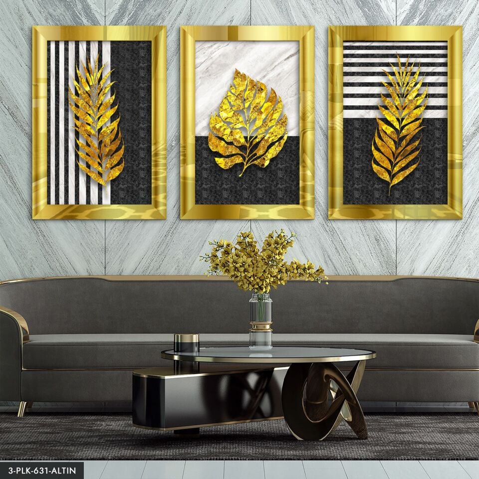 Gold Yapraklar 3 Parça Pleksi Aynalı Tablo 50 x 70 CM - Gold