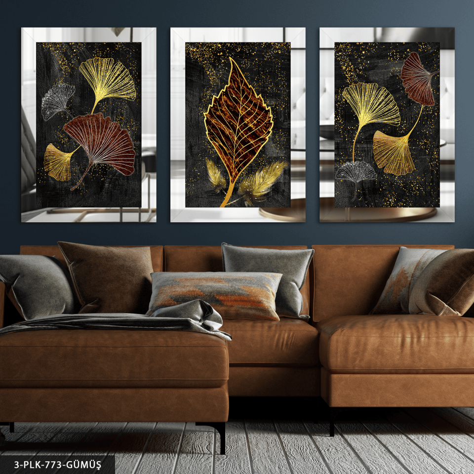 Işıltılı Renkli Yapraklar 3 Parça Pleksi Aynalı Tablo Gümüş - 40 x 60 CM