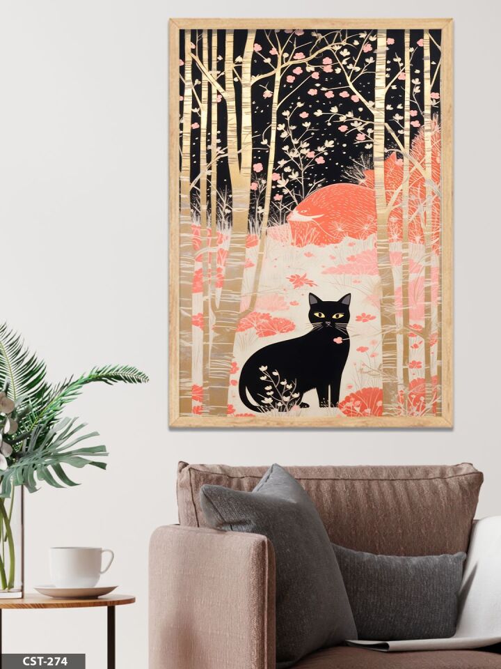 Kara Kedi Tek Parça Ahşap Çerçeveli Tablo Naturel - 20 x 30 CM