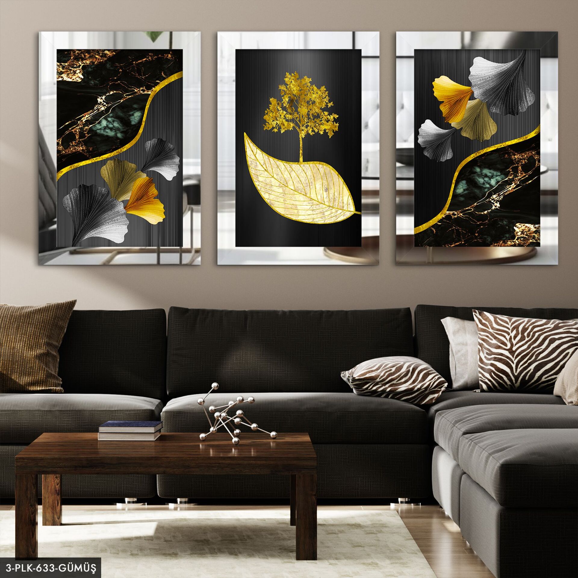 Gold Ağaç ve Yaprak 3 Parça Pleksi Aynalı Tablo 50 x 70 CM - Gümüş