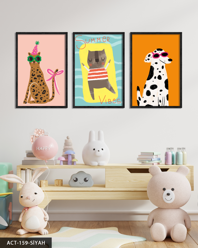 Eğlenceli Hayvanlar 3 Parça Ahşap Çerçeveli Tablo ACT