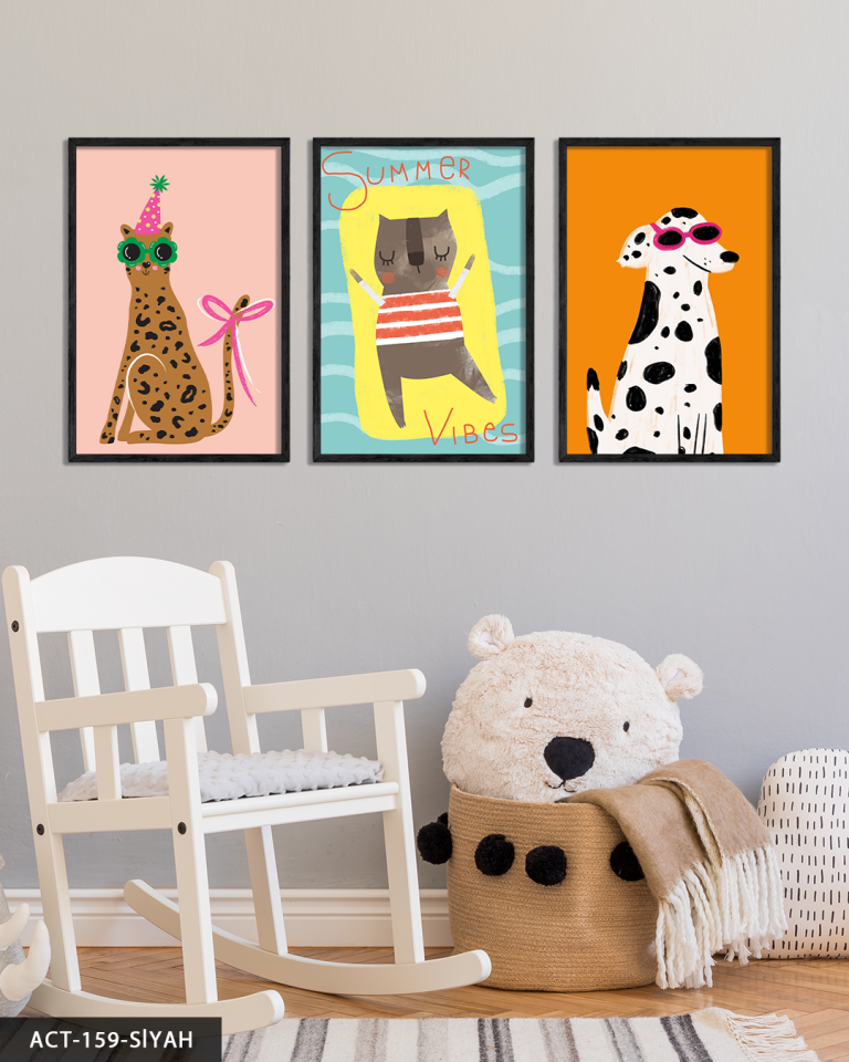 Eğlenceli Hayvanlar 3 Parça Ahşap Çerçeveli Tablo ACT