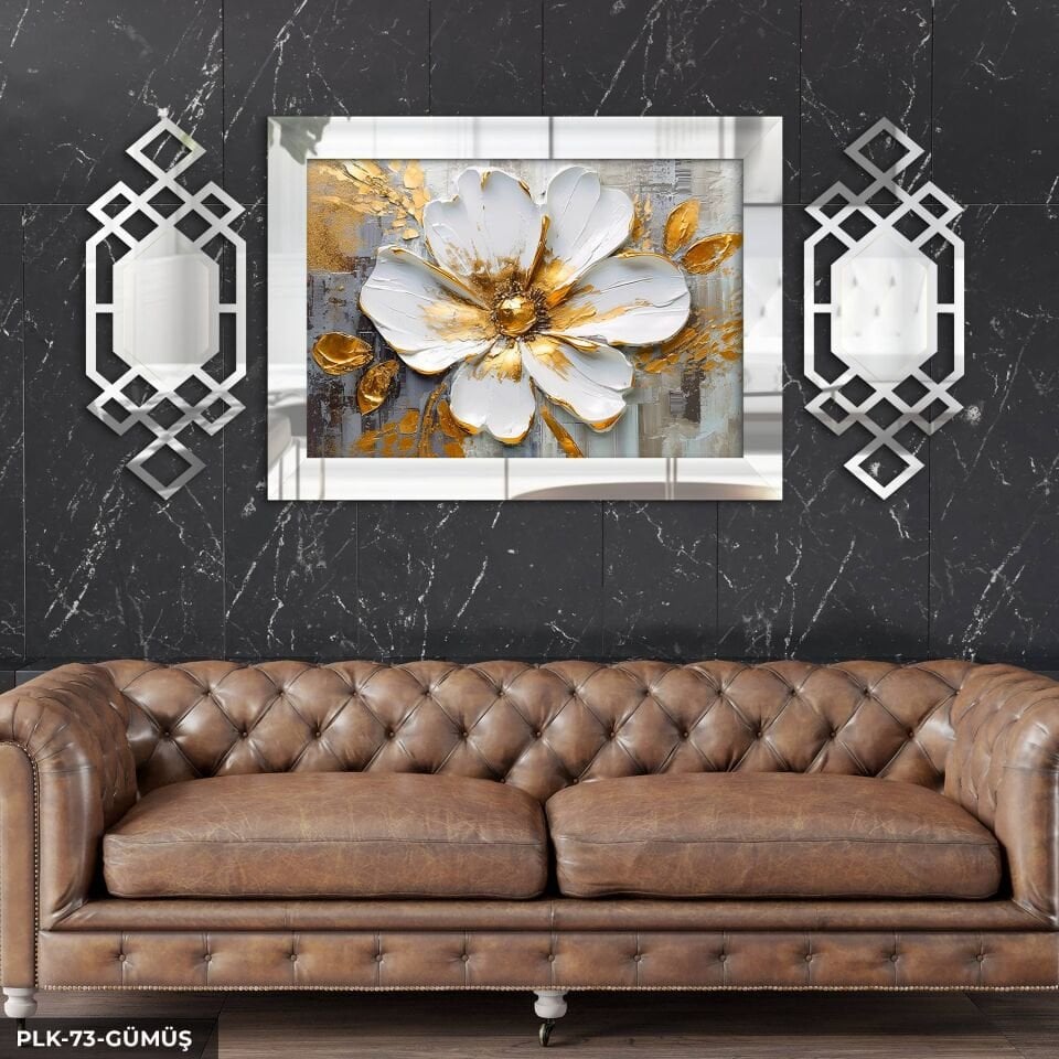 Dokulu Görünüm Beyaz Çiçek Yan Dekorlu 3 Parça Pleksi Tablo DKRPLK 130 x 25 CM - Gümüş