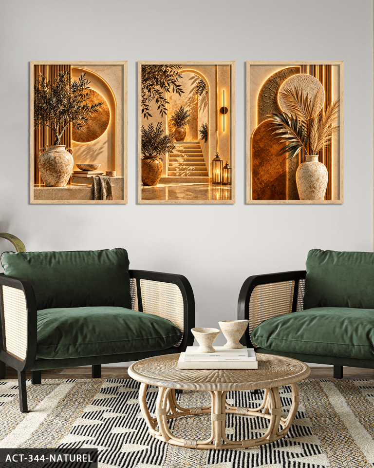 Boho Tarzda Taş Ev 3 Parça Ahşap Çerçeveli Tablo ACT Naturel - 30 x 40 CM