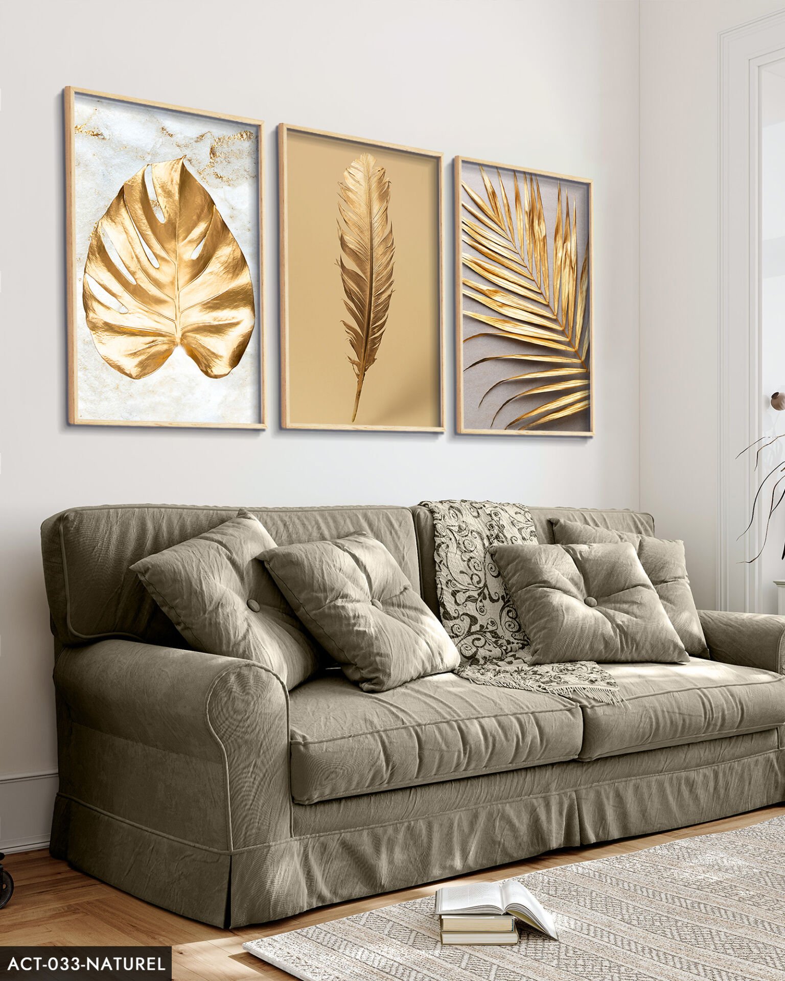 Gold Yaprak Tüy 3 Parça Ahşap Çerçeveli Tablo ACT Siyah - 30 x 40 CM