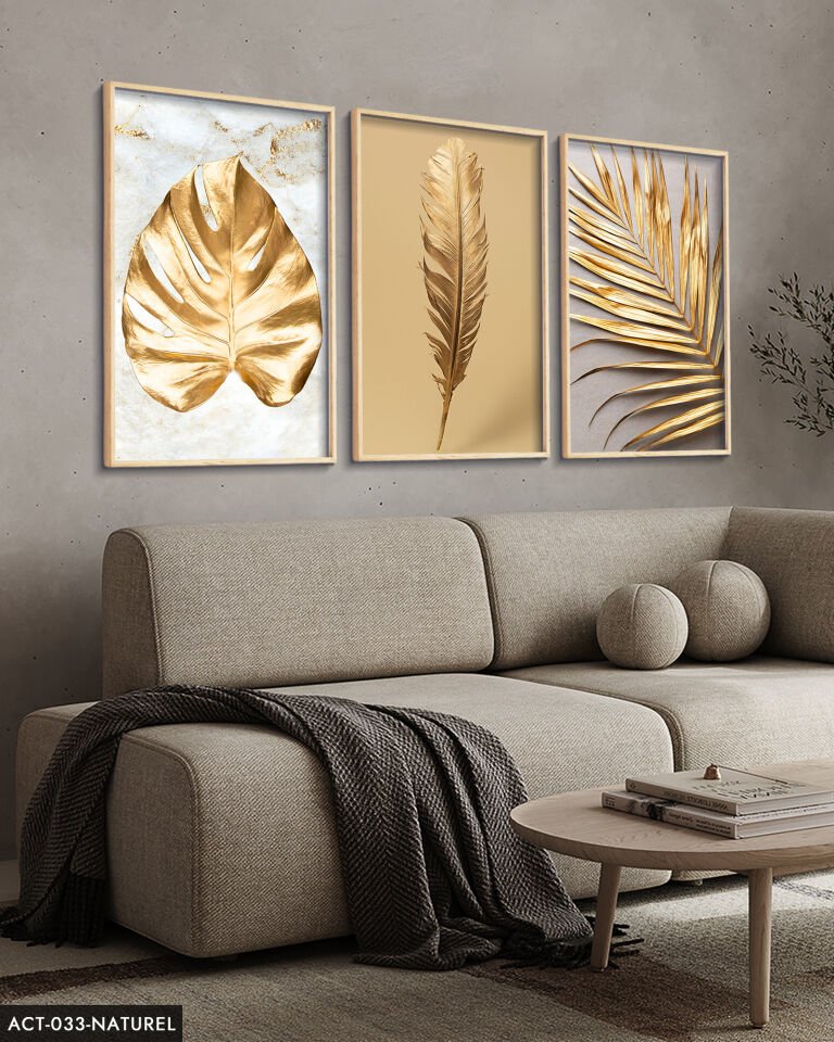 Gold Yaprak Tüy 3 Parça Ahşap Çerçeveli Tablo ACT Siyah - 30 x 40 CM