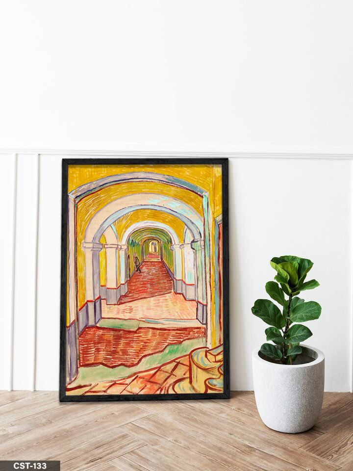 Sarı Tonlarda Mimari Koridor illüstrasyon Tek Parça Ahşap Çerçeveli Tablo Siyah - 50 x 70 CM