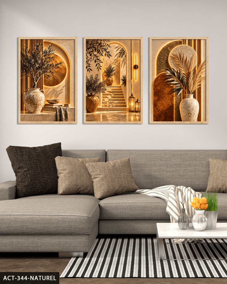 Boho Tarzda Taş Ev 3 Parça Ahşap Çerçeveli Tablo ACT Naturel - 40 x 60 CM