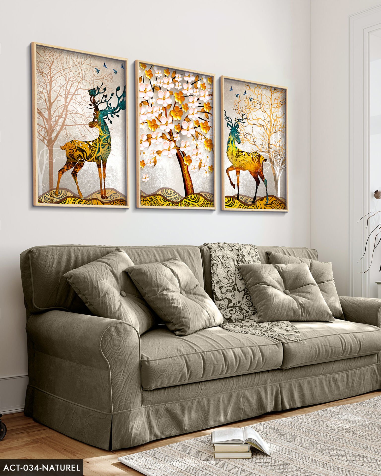 Renkli Geyik, Renkli Ağaç 3 Parça Ahşap Çerçeveli Tablo ACT Siyah - 30 x 40 CM