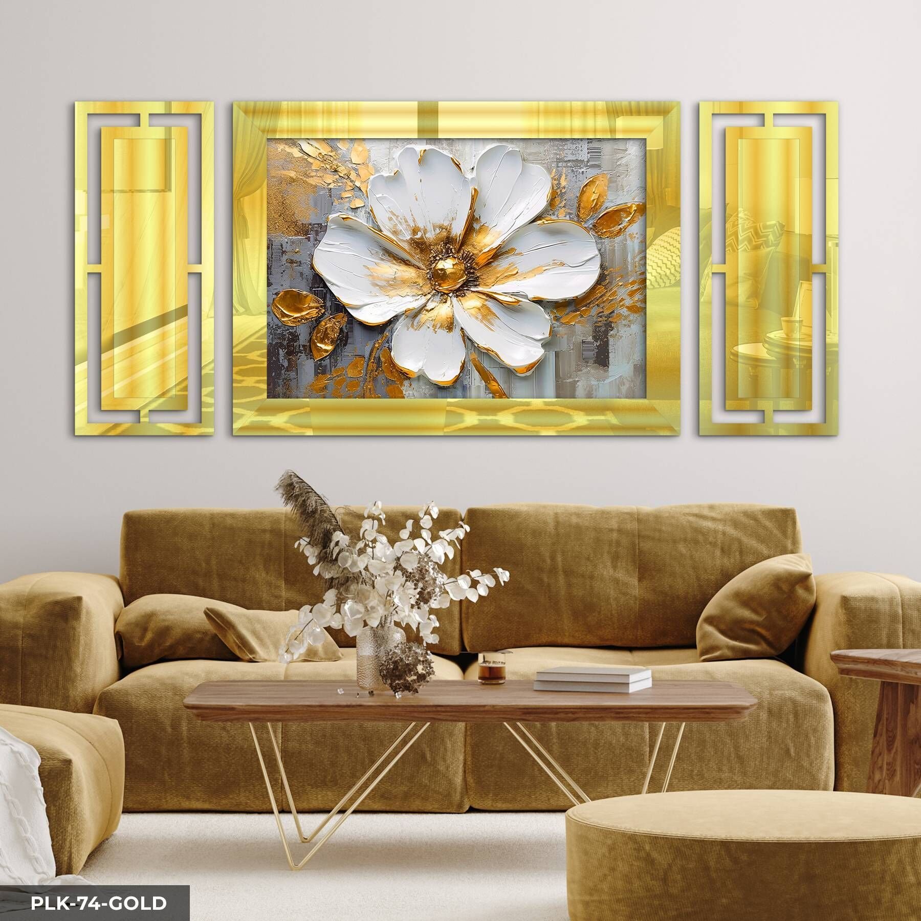 Dokulu Görünüm Beyaz Çiçek Yan Dekorlu 3 Parça Pleksi Tablo DKRPLK 130 x 25 CM - Gold