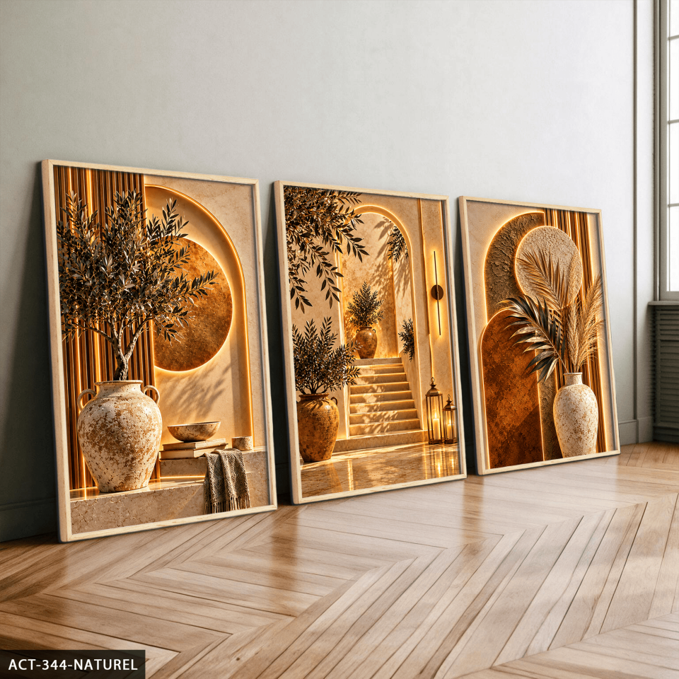 Boho Tarzda Taş Ev 3 Parça Ahşap Çerçeveli Tablo ACT Naturel - 50 x 70 CM