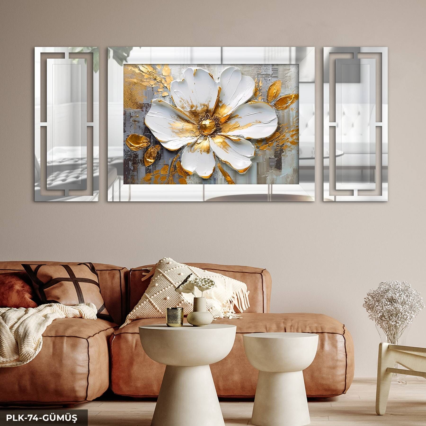 Dokulu Görünüm Beyaz Çiçek Yan Dekorlu 3 Parça Pleksi Tablo DKRPLK 130 x 25 CM - Gümüş