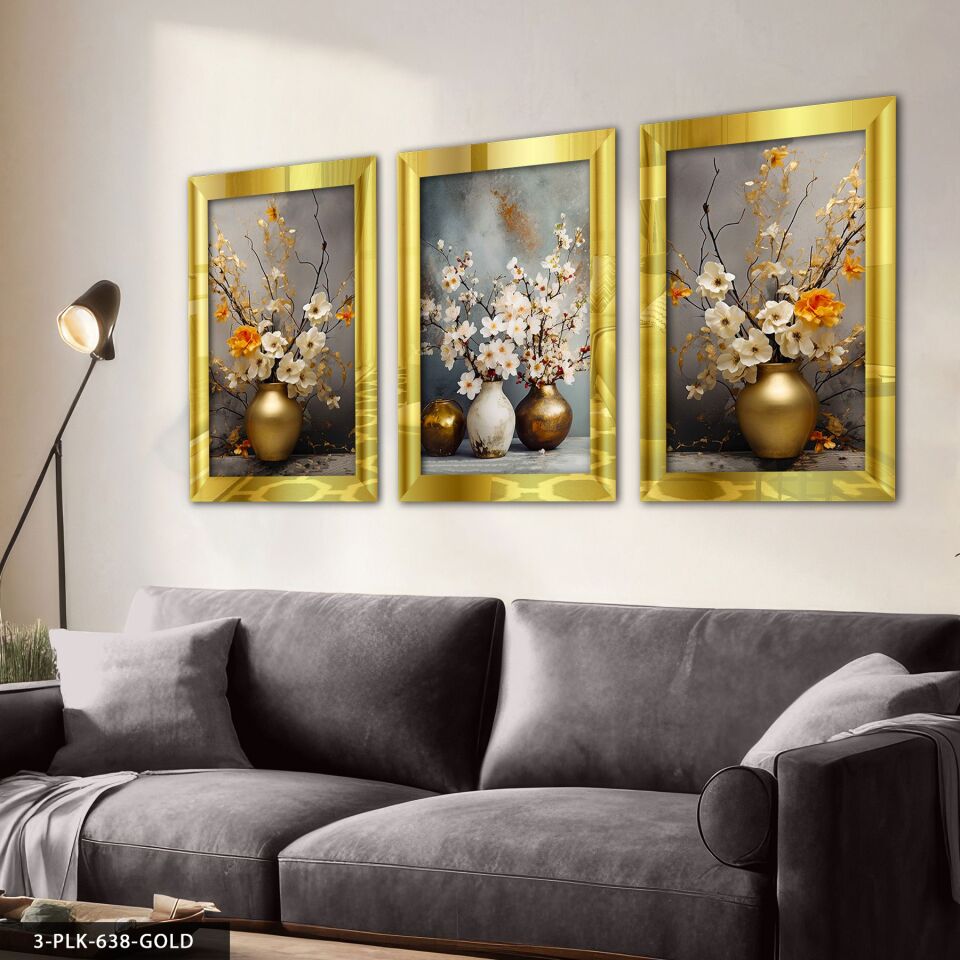 Gold ve Beyaz Vazoda Çiçekler 3 Parça Pleksi Aynalı Tablo 50 x 70 CM - Gold