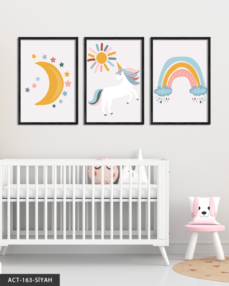 Minimalist Unicorn 3 Parça Ahşap Çerçeveli Tablo ACT
