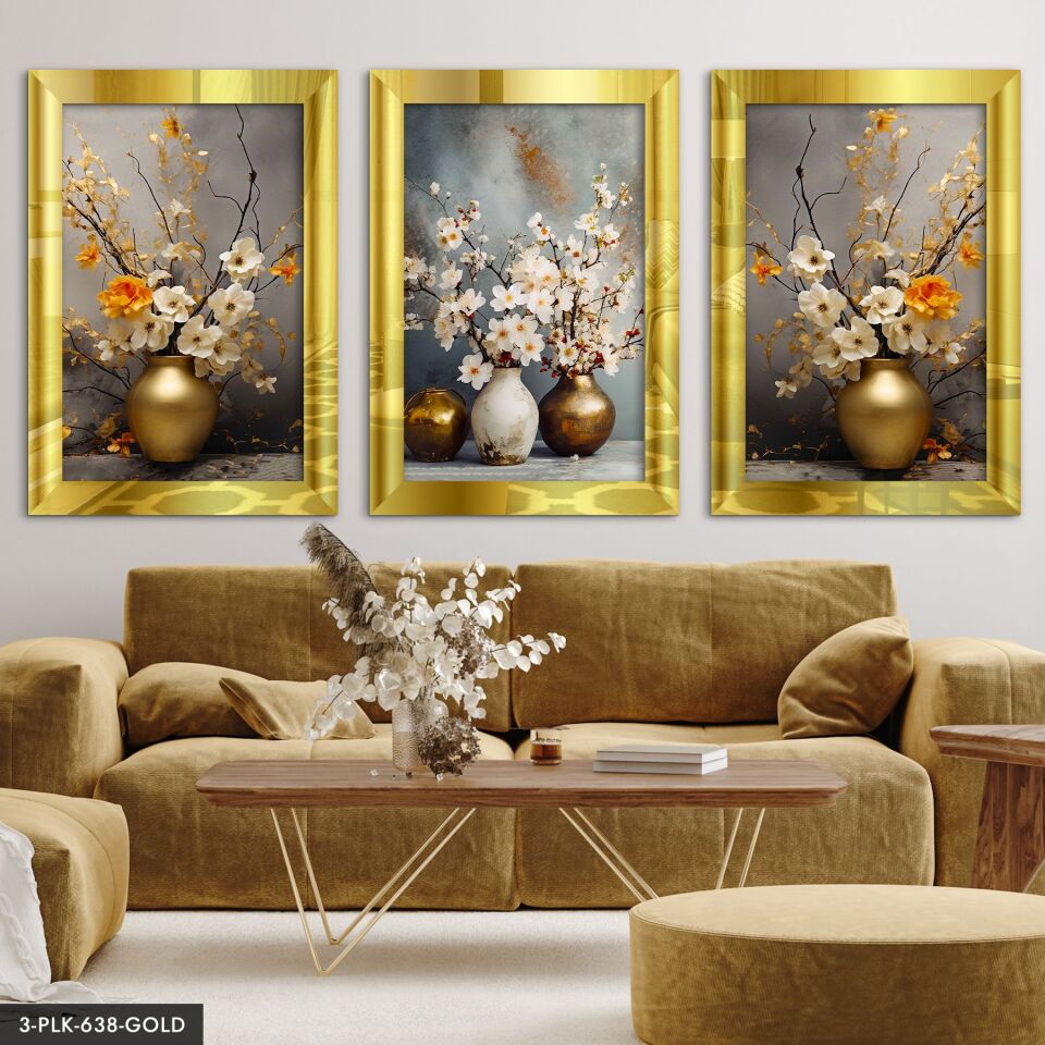 Gold ve Beyaz Vazoda Çiçekler 3 Parça Pleksi Aynalı Tablo 50 x 70 CM - Gold