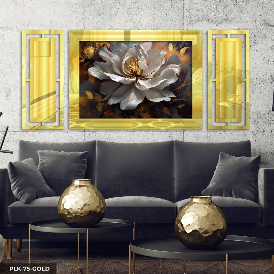 Gold Detaylı Yağlı Boya Görünümlü Çiçek Yan Dekorlu 3 Parça Pleksi Tablo DKRPLK 130 x 25 CM - Gold
