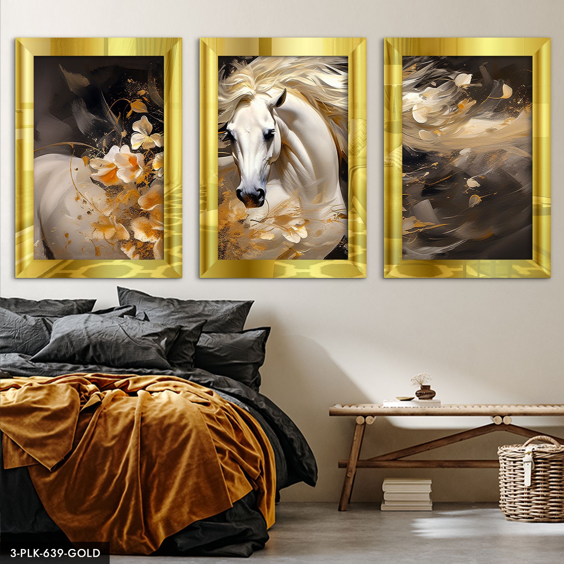 Beyaz At 3 Parça Pleksi Aynalı Tablo 50 x 70 CM - Gold