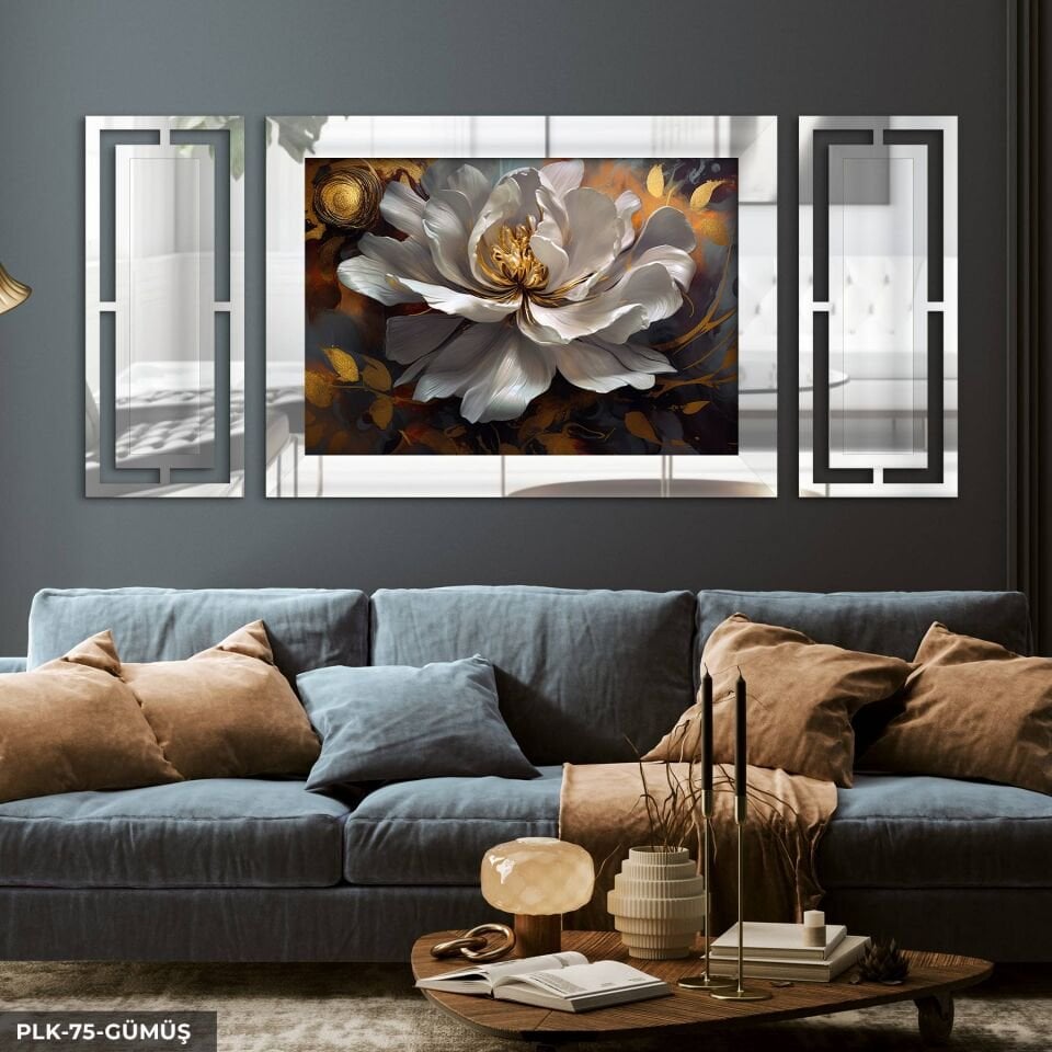 Gold Detaylı Yağlı Boya Görünümlü Çiçek Yan Dekorlu 3 Parça Pleksi Tablo DKRPLK 130 x 25 CM - Gümüş