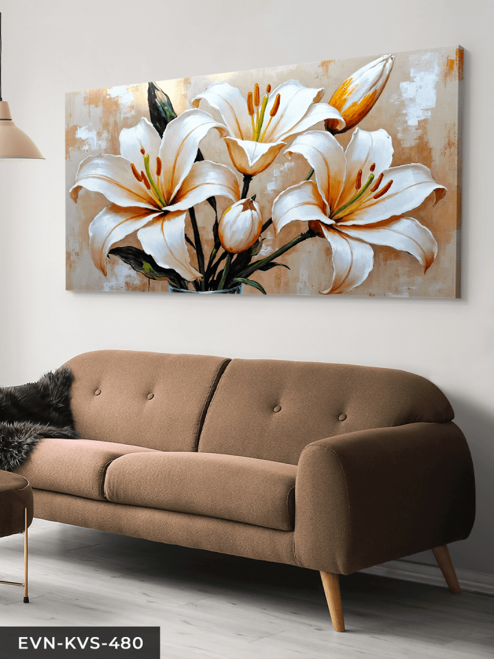 Yağlı Boya Görünümlü Zambak Tek Parça Kanvas - Canvas Tablo 65 x 45 CM - Çok Renkli