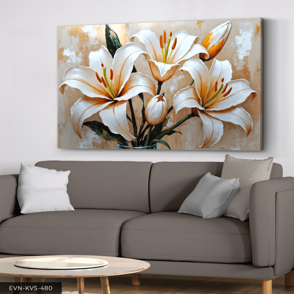 Yağlı Boya Görünümlü Zambak Tek Parça Kanvas - Canvas Tablo 65 x 45 CM - Çok Renkli