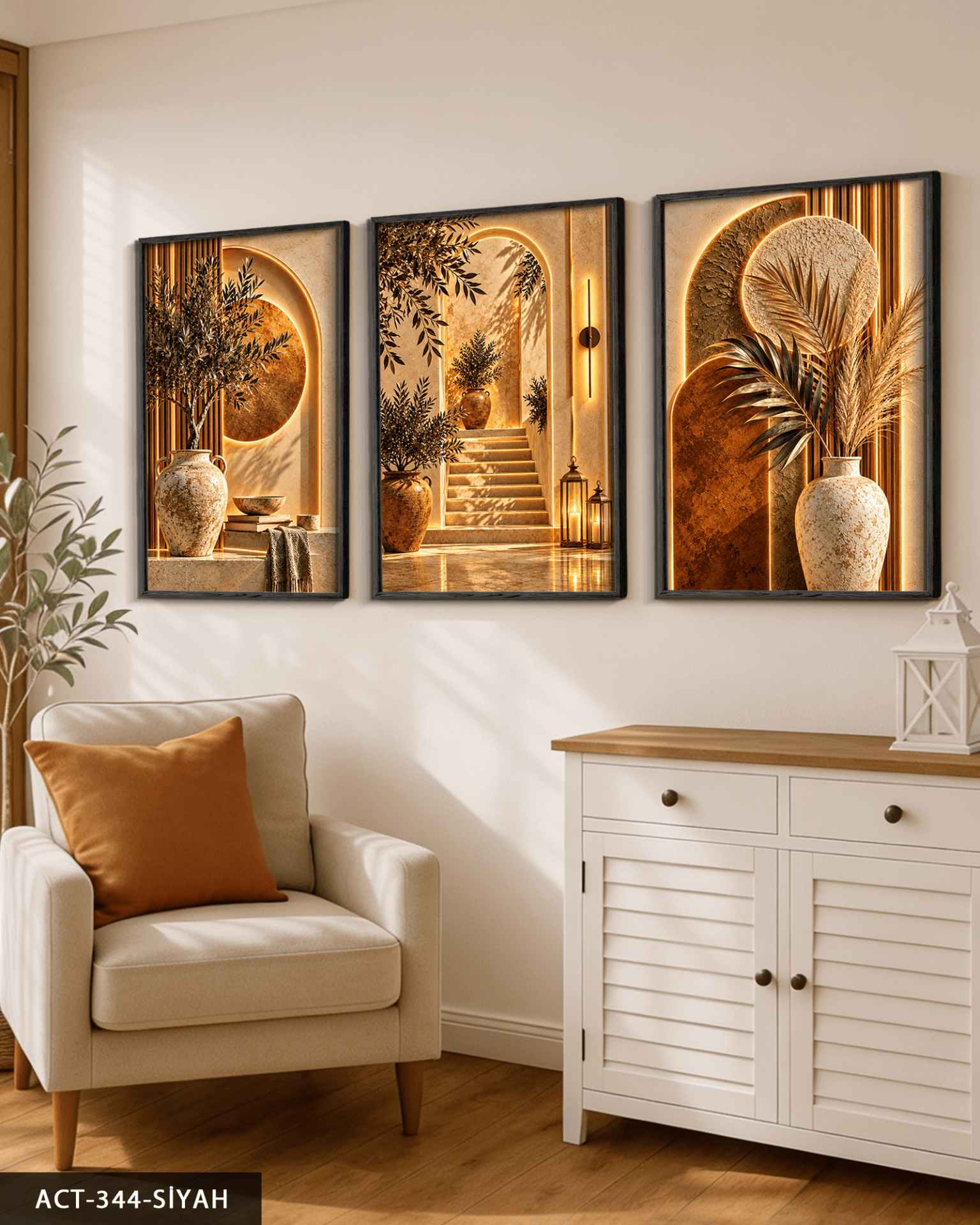 Boho Tarzda Taş Ev 3 Parça Ahşap Çerçeveli Tablo ACT Siyah - 40 x 60 CM
